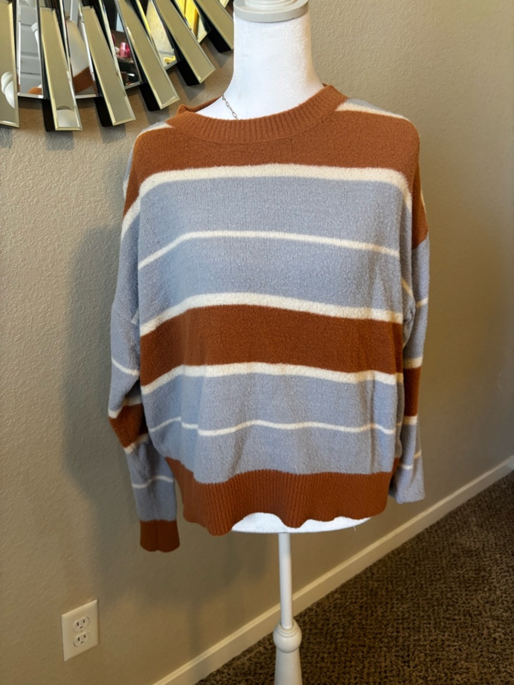 Pink Lily Rust and Light Blue Striped Long Sleeve Sweater